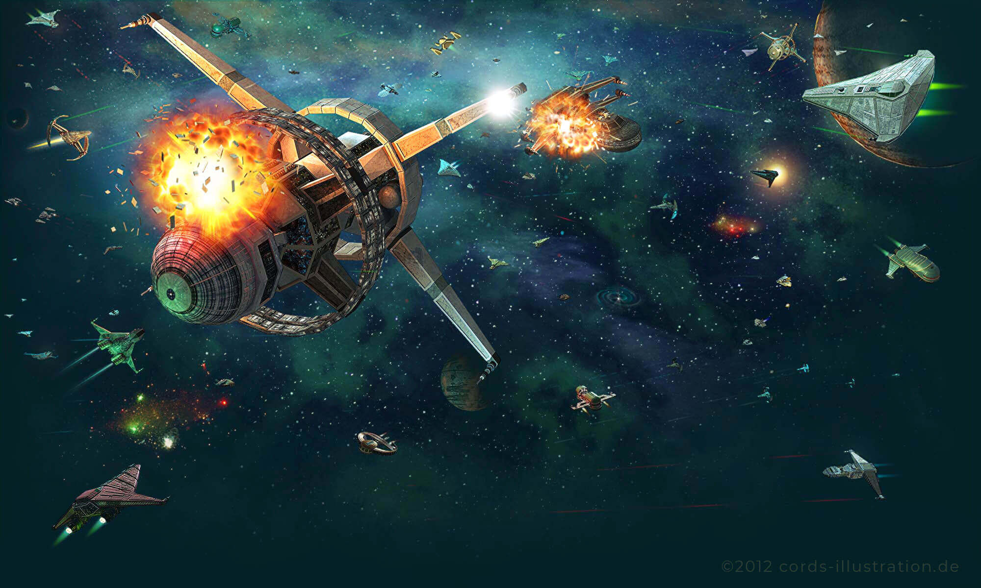Eine Szene einer Weltraumschlacht als Hintergrundgrafik für ein Browserspiel.