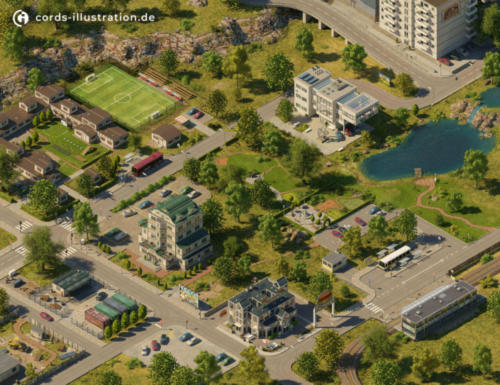Gestaltung der Landschaft und Gebäude für ein Browserspiel.