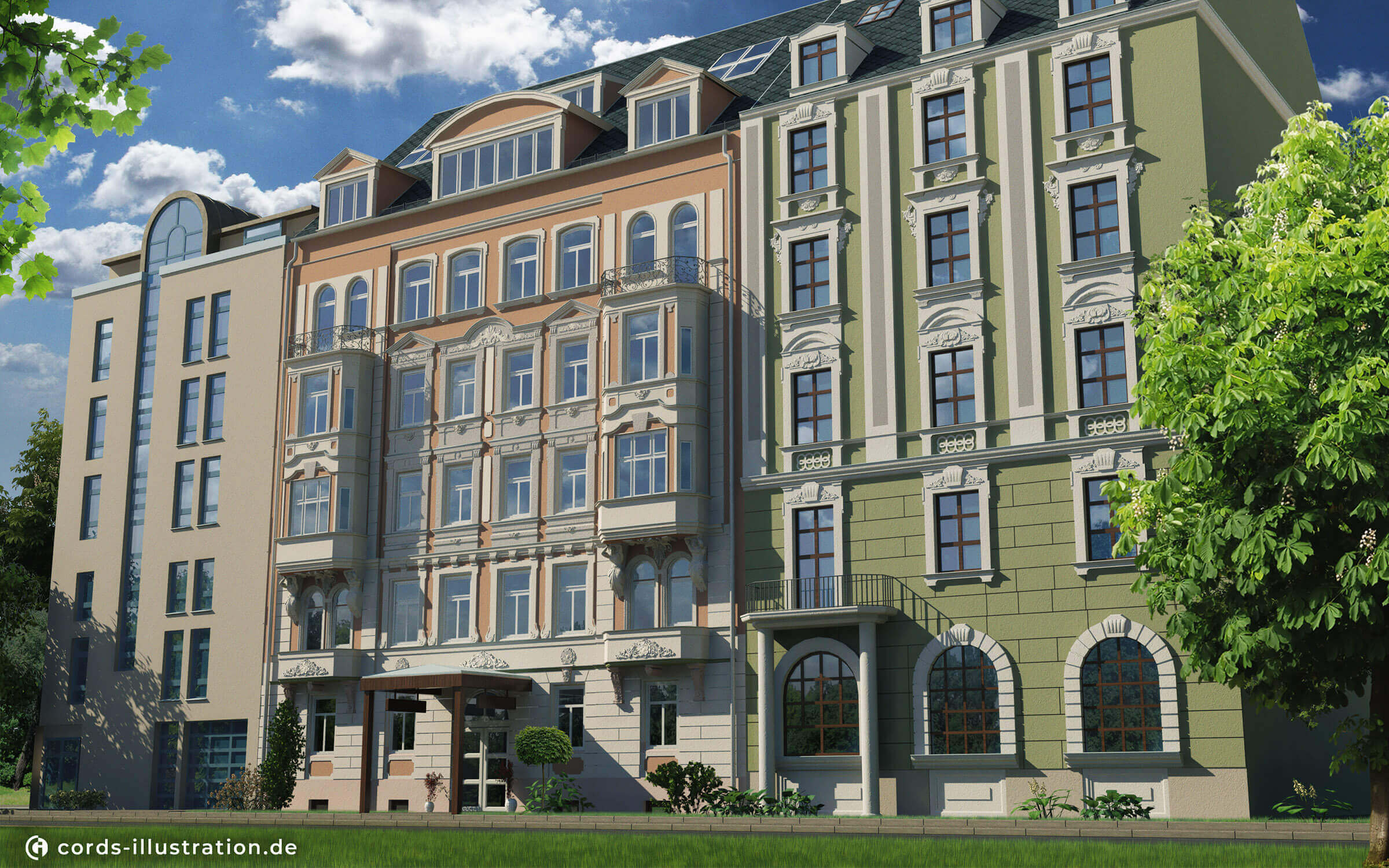 Das Bild zeigt eine 3D Visualisierung einer Gebäude Fassade