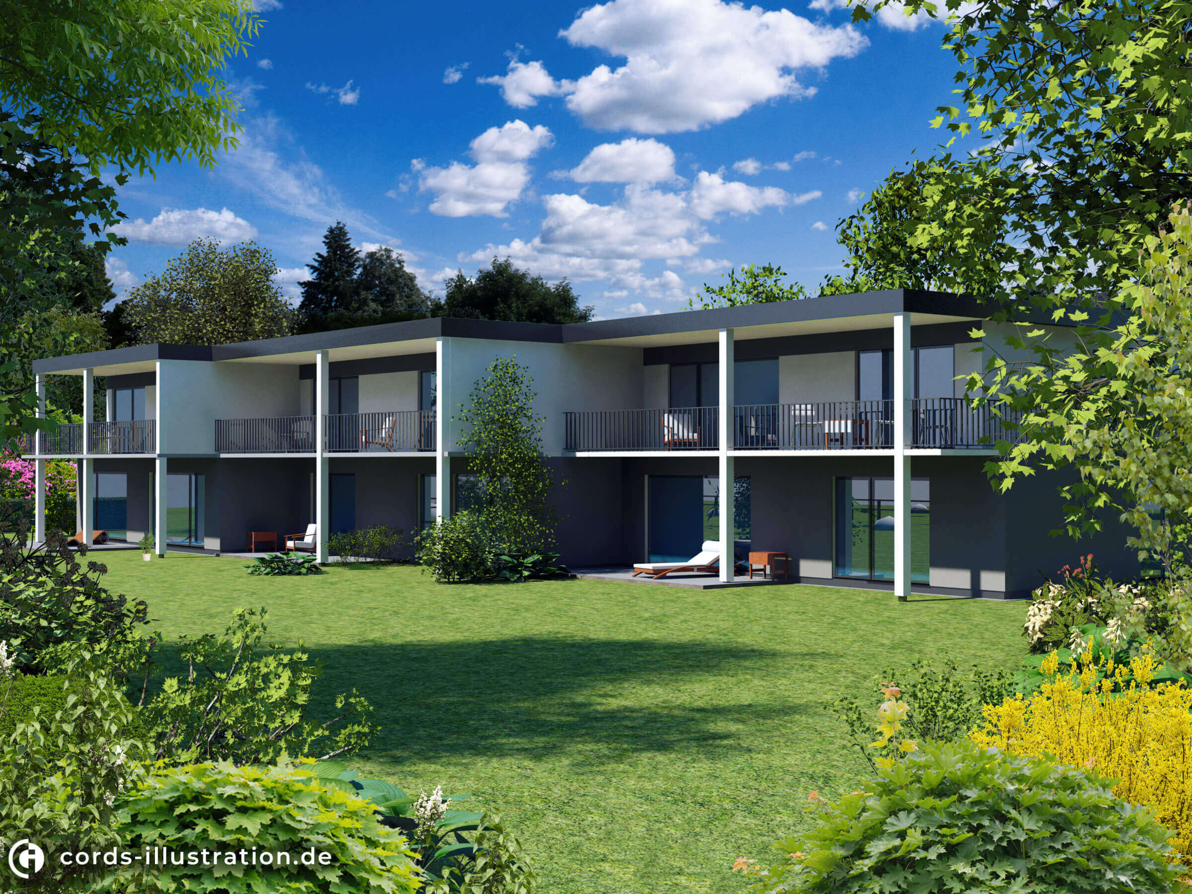 Das Bild zeigt eine Visualisierung eines Mehrfamilienhauses mit Gartenanlage