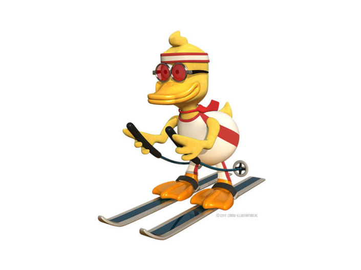 Eine Ente auf Ski als Maskottchen für einen Fotografen.